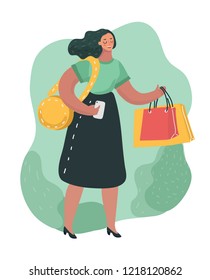 Vector cartoon illustration of Happy smiling woman shopping and buy ecological items. Concept of smart consumption, saving nature, ecology and recycling. Funny cartoon style character in modern style.