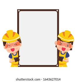 Vector Cartoon illustration of a happy smiling construction worker and pointer with blank label. 