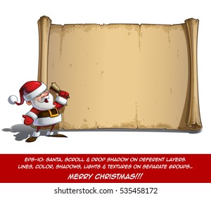 Vector Cartoon illustration of a happy smiling Santa Claus sounding the Christmas bell in front of a blank aged scroll. All elements neatly on well-defined Layers and groups