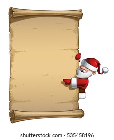 Vector Cartoon illustration of a happy smiling Santa Claus Celebrating Christmas and pointing at a ready to be filled aged scroll. All elements neatly on well-defined Layers and groups