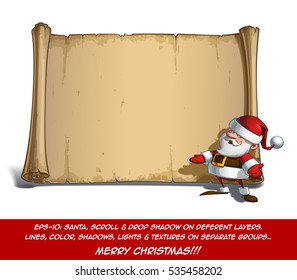 Vector Cartoon illustration of a happy smiling Santa Claus Celebrating Christmas and Inviting with Open Hands in front of a blank aged scroll. All elements neatly on well-defined Layers and groups