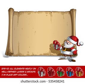 Vector Cartoon illustration of a happy smiling Santa Claus Celebrating Christmas and waving in front of a blank aged scroll with a present at his hand. All elements neatly on layers and groups