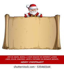 Vector Cartoon illustration of a happy smiling Santa Claus Celebrating Christmas and showing at a blank aged scroll. All elements neatly on well-defined Layers and groups