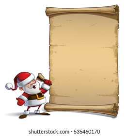 Vector Cartoon illustration of a happy smiling Santa Claus sounding the Christmas bell in front of a blank aged scroll. All elements neatly on well-defined Layers and groups