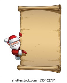 Vector Cartoon illustration of a happy smiling Santa Claus Celebrating Christmas and presenting behind an aged blank scroll. All elements neatly on well-defined Layers and groups