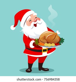 Vector cartoon illustration of happy smiling Santa Claus standing holding roasted turkey with vegetables on a platter.  Christmas theme flat contemporary design element template for cards, banners.