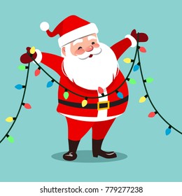 Vector cartoon illustration of happy smiling Santa Claus holding a string light garland decoration with multicolored bulbs. Christmas winter holidays festive design element, isolated on aqua blue.