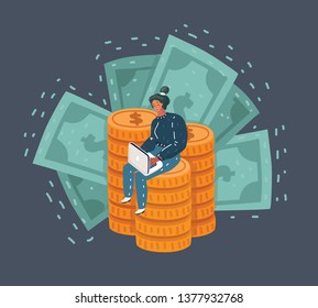 Vector cartoon illustration of happy successfully woman sitting on the pile of money coin and working on laptop computer. Financial well-being. Isolated vector illustration on dark background.