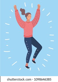 Vector cartoon illustration of Happy surprised girl in jeans jumping or dancing.