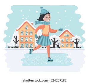Vector cartoon illustration of happy sweet girl riding on ice skates. Winter landscape. Snowy houses and trees