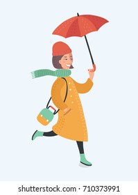 Vector cartoon illustration of a happy walking girl holding an umbrella on a white background