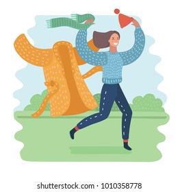 Vector cartoon illustration of happy woman taking off her outerwear in warm time: hat with pompom, scarf and coat. Running girl. Spring, summer time or change location: migration, holiday concept