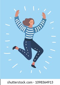 Vector cartoon illustration of Happy woman jumping