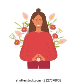 Vector cartoon illustration of a happy woman showing a heart in the lower abdomen with her hands. The concept of gynecology and health hygiene. Isolated design on a white background.