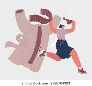 Vector cartoon illustration of happy woman taking off her outerwear in warm time: hat with pompom, scarf and coat. Running girl. Spring, summer time or change location: migration, holiday concept