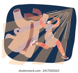 Dibujo vectorial de una mujer feliz quitándose su ropa interior en tiempo cálido: sombrero con pompa, bufanda y abrigo. Chica en ejecución. Primavera, verano o lugar de cambio: sobre fondo oscuro