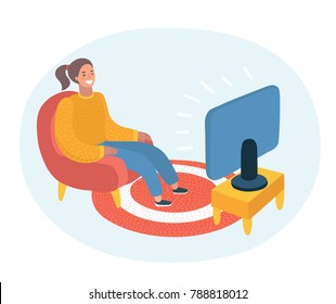 Vector cartoon illustration of happy woman watching television armchair and sitting in chair. Funny characters