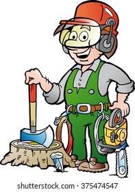 Vector Cartoon illustration of a Happy Working Lumberjack or Woodcutter