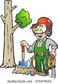 Vector Cartoon illustration of a Happy Working Lumberjack or Woodcutter