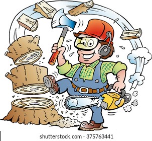 Vector Cartoon illustration of a Happy Working Lumberjack or Woodcutter who chop Wood