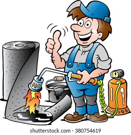 Vector Cartoon illustration of a Happy Working Roofer giving Thumb Up