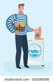 Vector cartoon illustration of Happy young man holding laundry basket doing chores with washing machine. Male character on isolated balckground.
