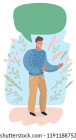Vector cartoon illustration of Happy young man talking with speech bubble. Male character gesturing.