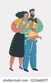 Vector cartoon illustration of Happy young family. Dad, mom, son and together give hugs each other.