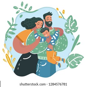 Vector Cartoon Illustration Of Happy Young Family. Dad, Mom, Son And Together. Human Charcters.