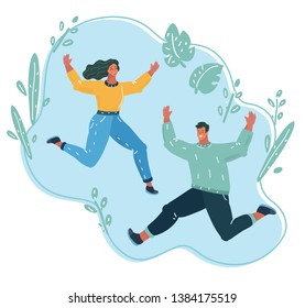 Vector cartoon illustration of happy young couple jumping on a blue background. Man and woman are happy. Human character on white background.