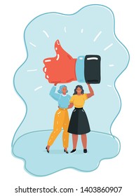 Vector cartoon illustration of Happy young women holding gesturing thumbs up sign. Human emotion body language.