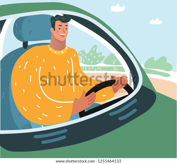 Vector cartoon illustration of Happy young man\
drivinga car. Close\
view.
