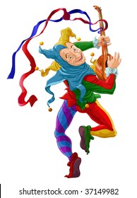 Vector cartoon illustration, harlequin playing mandolin, joker card concept,white background.