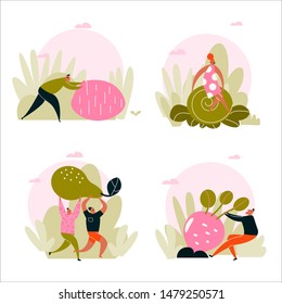 Vector cartoon illustration of harvesting people. Harvest festival, healthy lifstyle concept