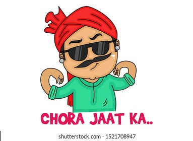 Vector cartoon illustration. Haryanvi man is wearing glasses. Chora jatt ka text translation - son of jatt. Isolated on white background.