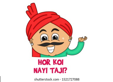 Vector cartoon illustration of haryanvi man. Hor koi nayi taji text translation - Anything new talk. Isolated on white background.  