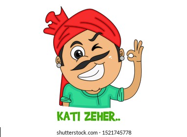 Vector cartoon illustration of haryanvi man making eyes. Kati zeher text translation - looking fabulous. Isolated on white background.  