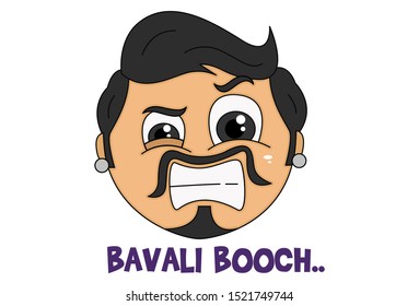 Vector cartoon illustration of haryanvi man face. Bavali booch text translation - crazy tail. Isolated on white background.  