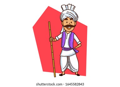 Vector cartoon illustration of haryanvi man holding sugarcane. Isolated on white background.