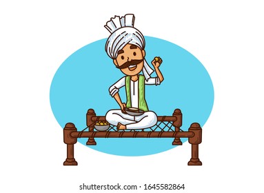 Vector cartoon illustration of haryanvi man eating food. Isolated on white background.