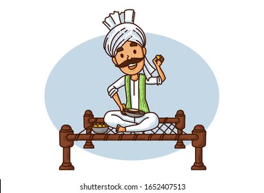 Vector cartoon illustration of haryanvi man eating food. Isolated on white background.