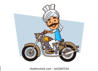 Vector cartoon illustration of haryanvi man riding motorcycle. Isolated on white background.