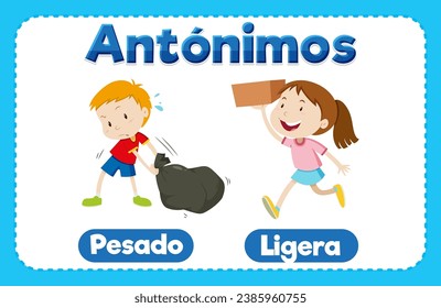 A vector cartoon illustration of heavy and light words in Spanish for educational purposes