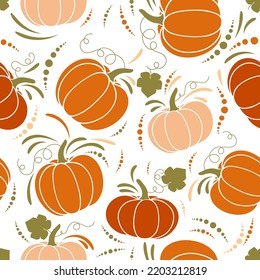 Vector cartoon illustration, hello autumn. Seamless pattern with cozy orange pumpkins, green pumpkin leaves. Thanksgiving day background. Hygge time. Halloween party kitchen linen  decor with squash