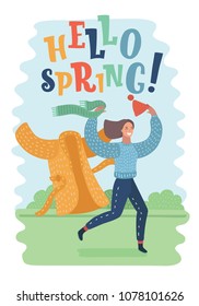 Vector cartoon illustration of hello spring quote. Cute happy girl with long hair run on green grass in spring park. Take off her warm clothes. End of winter, cold time of year. 