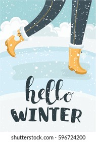 Vector cartoon illustration of Hello winter lettering text and legs in boots walking in the park. Seasonal concept design for the banner or label or card. Hello Winter