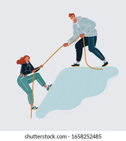 Vector cartoon illustration of hikers climbing up mountain and one of them helping to each other, support in a dangerous situation to climb. Help and support concept. Man and woman on white.