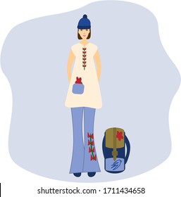 Vector cartoon illustration hiking and travel. Pilgrims rest. Print paper, fabric, ceramic. Picture for magazine, book, blog. Can used for print fashion design, pillow design, bags and cover design