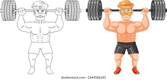 A vector cartoon illustration of a hipster man with a mustache lifting weights