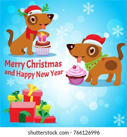 Vector Cartoon Illustration For Holiday Theme With Dog On Winter Background. Greeting Card For Christmas And New Year. Character Animal Dog To Holiday.